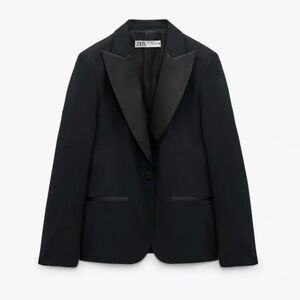 ZARA Wool Blend Black Satin-Lapel Single-Button Blazer Size Large